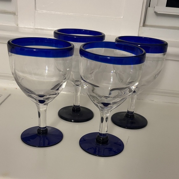 Blue Rimmed Glass Goblets - Picture 2 of 3
